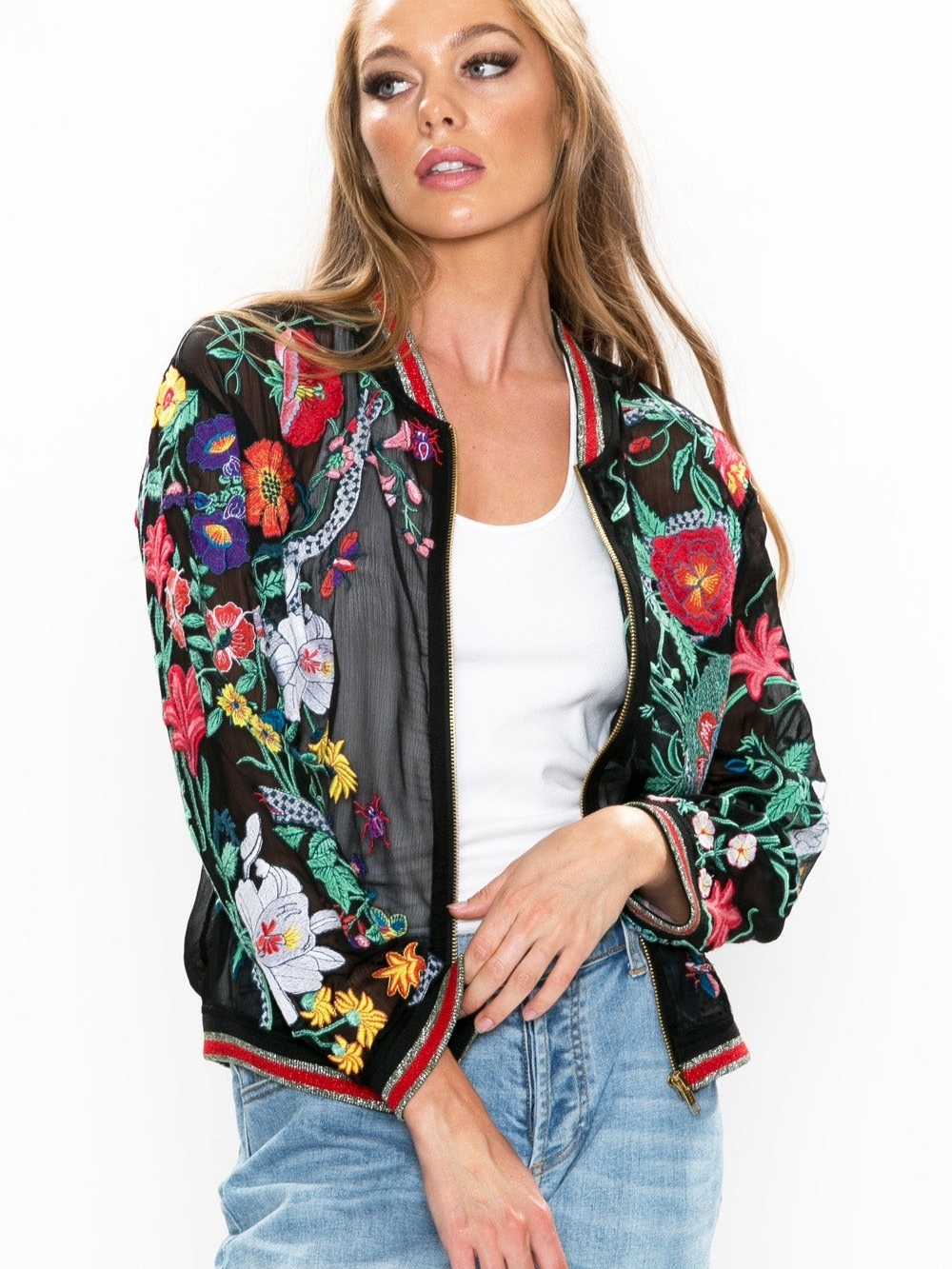 Bellezza Embroidered Jacket in Black Embroidered Floral Black Bomber Jacket